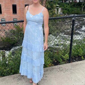 Lulu's Beaming Babe Light Blue Floral Print Jacquard Tiered Maxi Dress